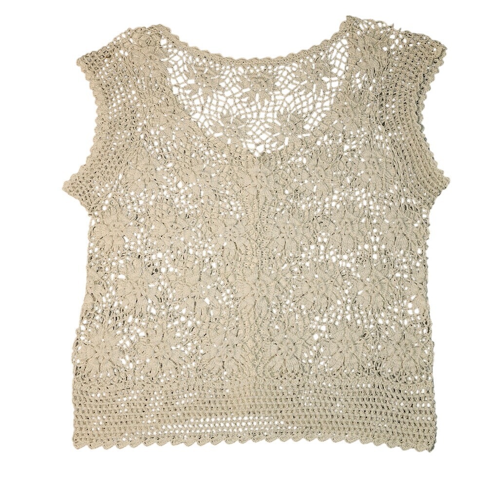 Cream Crochet with Floral Design Summer Layering Cotton Vest Medium